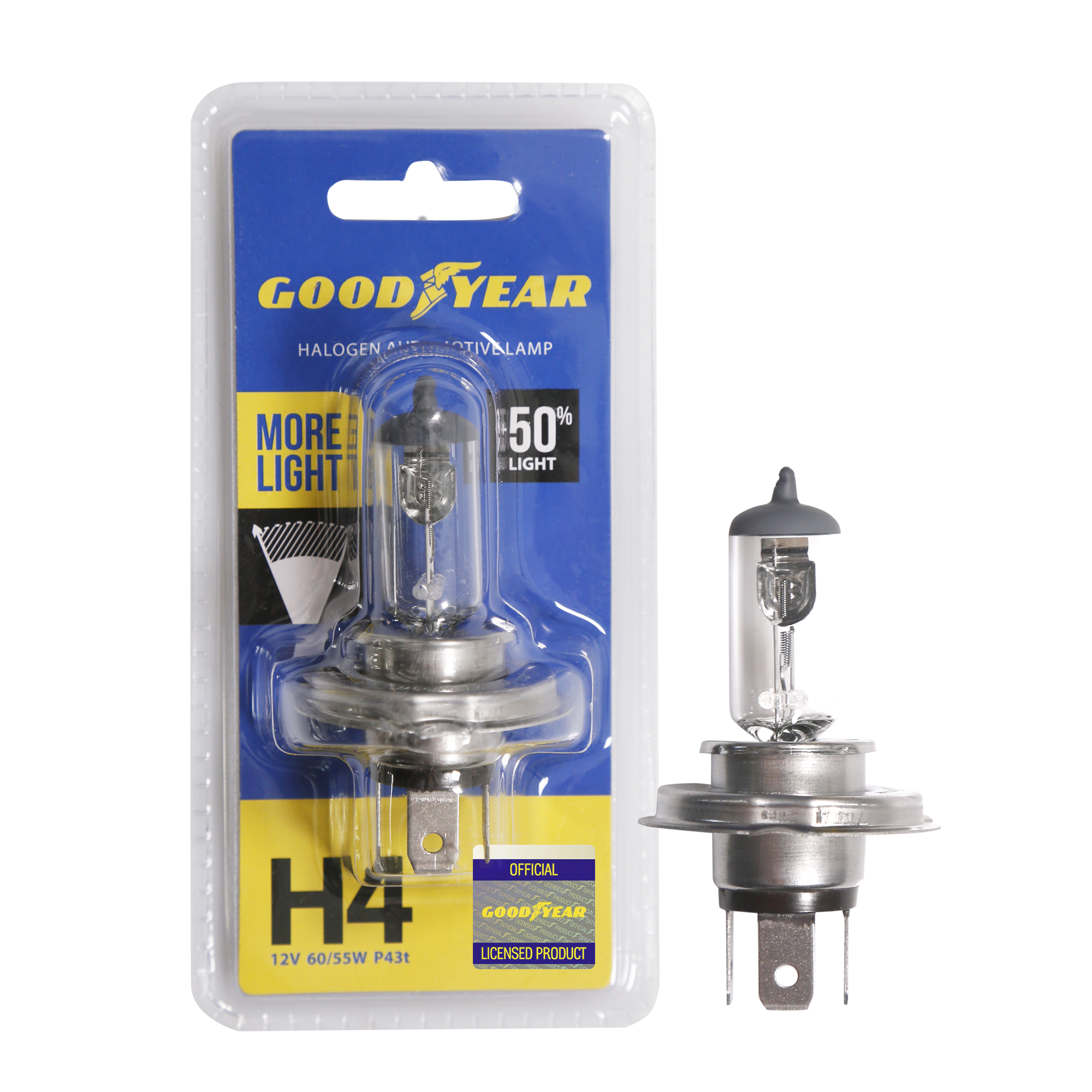 картинка Лампа автомобильная галогенная Goodyear H4 12V 60/55W P43t (+50% света) More Light (блистер) от Свежаяшина.рф